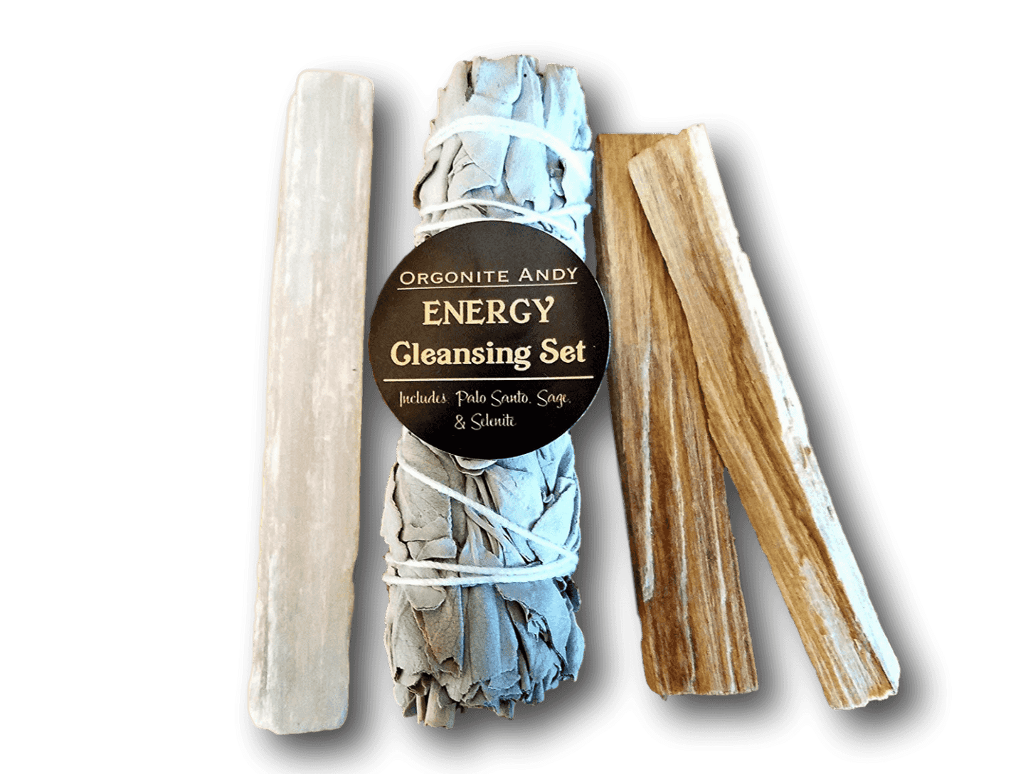 Energy Cleaning Set includes a California White Sage Bundle, Two Palo Wood Sticks & a naturally formed Selenite Crystal Wand