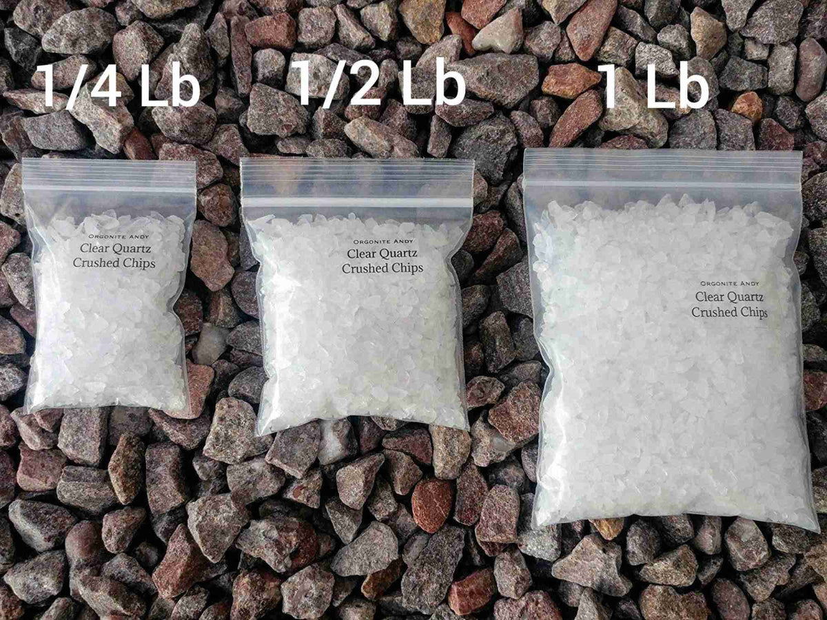 Clear Quartz Crushed Chips – Natural Brazilian Healing Crystal in 1/4 lb, 1/2 lb, and 1 lb bags displayed on decorative stones. Ideal for crafts and energy work.