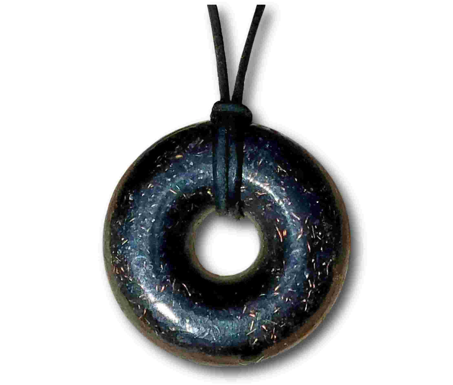 black sun Andy's Black Sun Orgonite® Donut Pendant Necklace comes with a 30" black leather necklace This EMF protective Orgone Jewelry