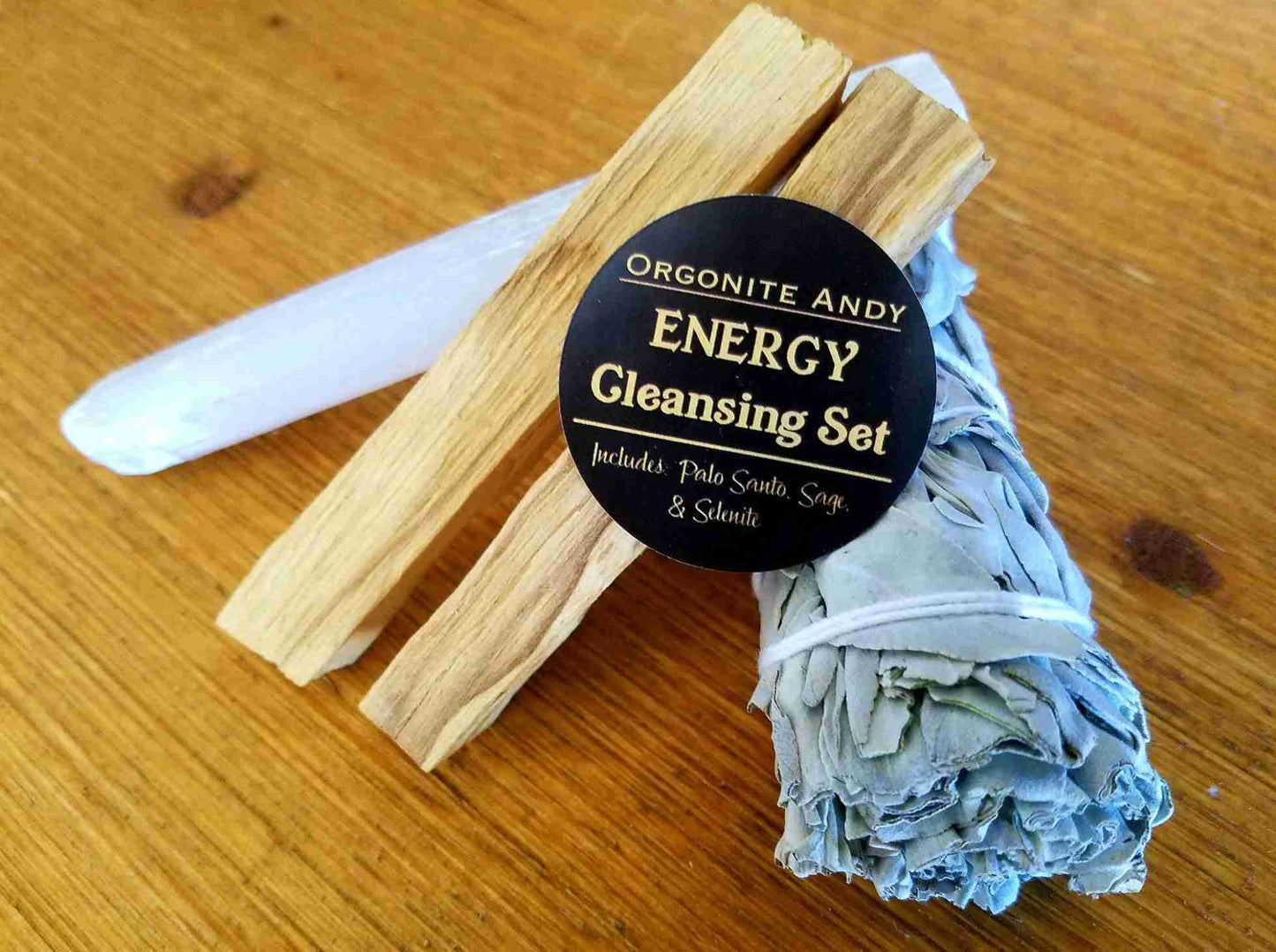 Energy Cleaning Set includes a California White Sage Bundle, Two Palo Wood Sticks & a naturally formed Selenite Crystal Wand