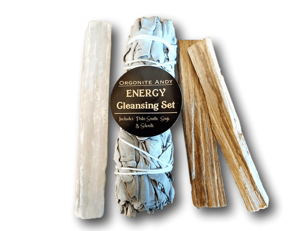 Energy Cleaning Set includes a California White Sage Bundle, Two Palo Wood Sticks & a naturally formed Selenite Crystal Wand