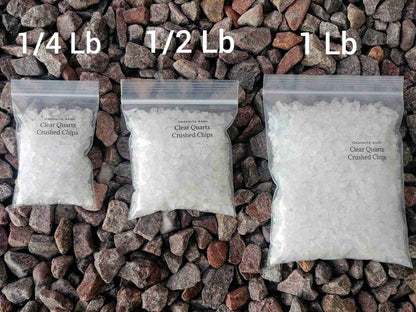 Clear Quartz Crushed Chips – Natural Brazilian Healing Crystal in 1/4 lb, 1/2 lb, and 1 lb bags displayed on decorative stones. Ideal for crafts and energy work.