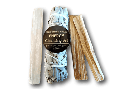 Energy Cleaning Set includes a California White Sage Bundle, Two Palo Wood Sticks &amp; a naturally formed Selenite Crystal Wand
