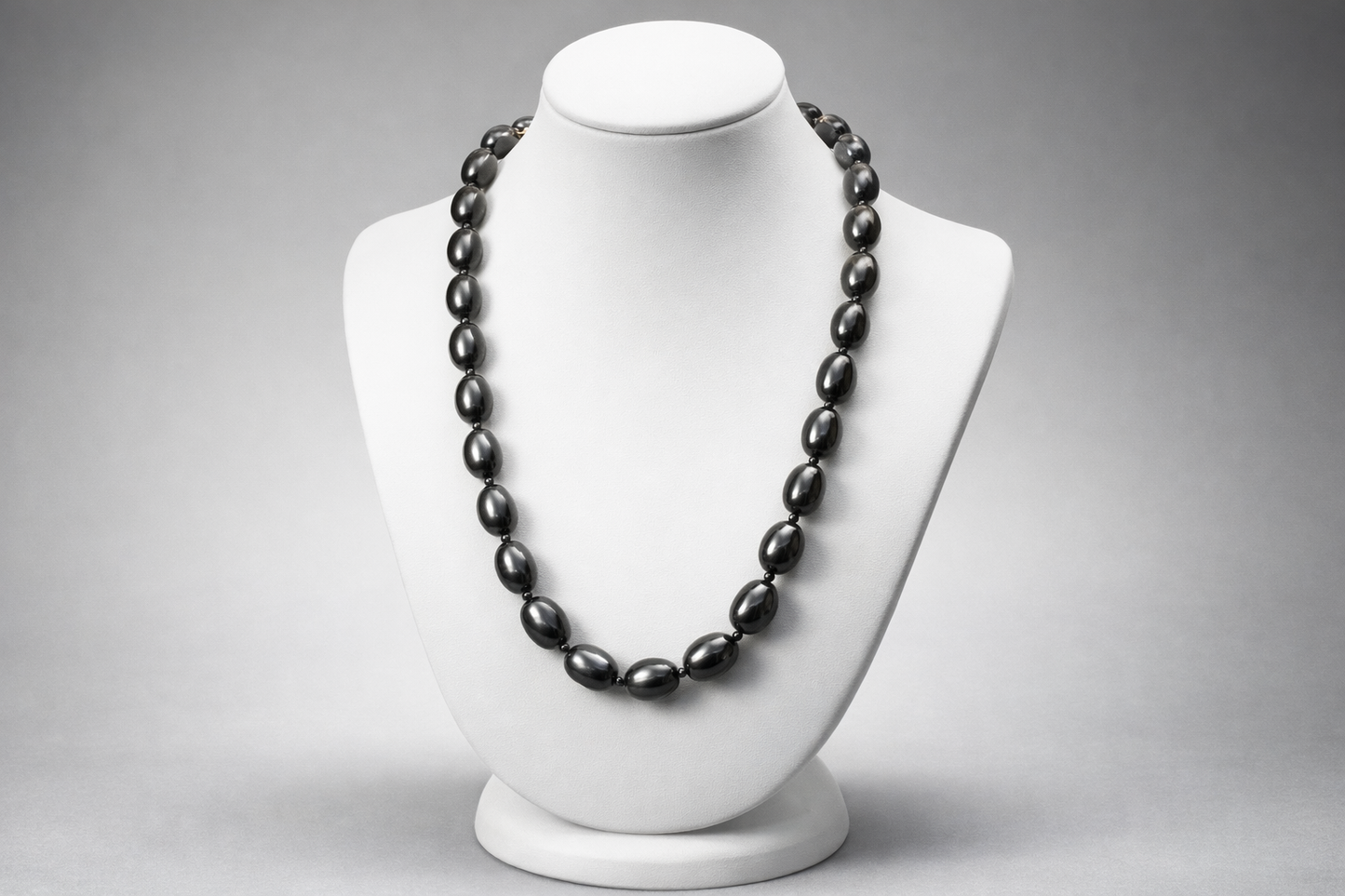 Shungite Oval Bead Necklace – Polished Black Gemstone Necklace (20″)