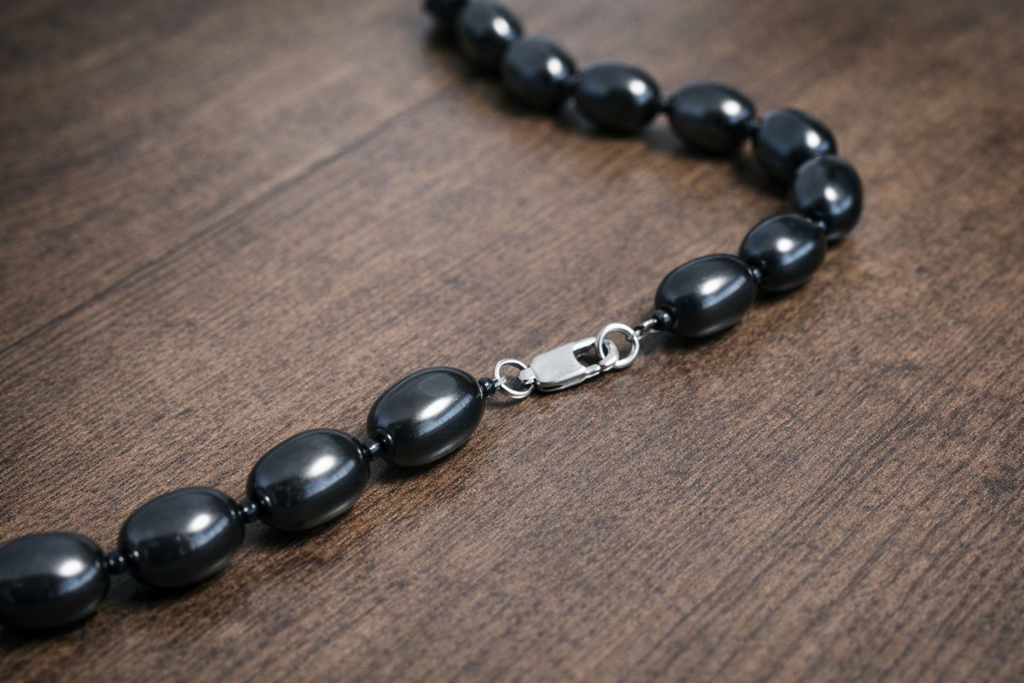 Shungite Oval Bead Necklace – Polished Black Gemstone Necklace (20″)