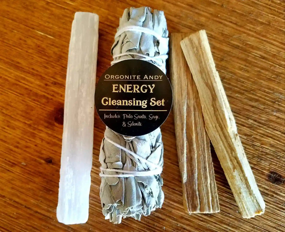 Energy Cleaning Set includes a California White Sage Bundle, Two Palo Wood Sticks &amp; a naturally formed Selenite Crystal Wand