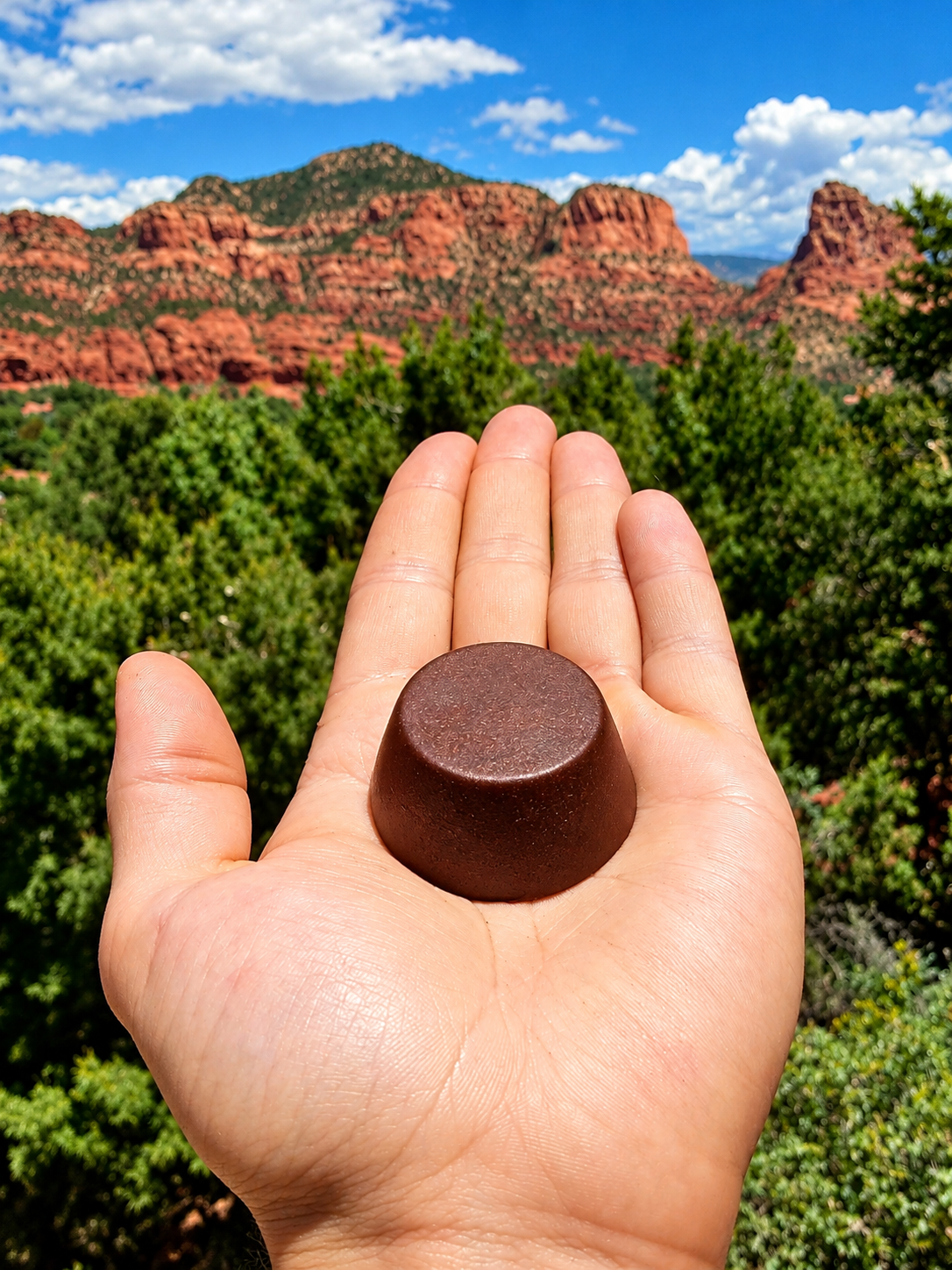 Handheld Sedona orgonite tower buster puck against Arizona red rock landscape