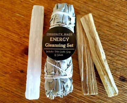 Energy Cleaning Set includes a California White Sage Bundle, Two Palo Wood Sticks &amp; a naturally formed Selenite Crystal Wand