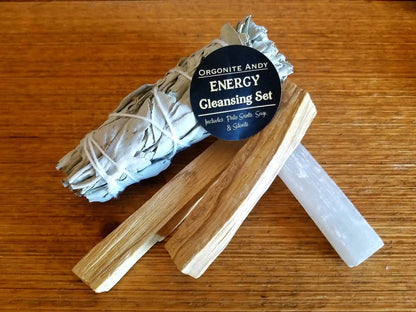 Energy Cleaning Set includes a California White Sage Bundle, Two Palo Wood Sticks &amp; a naturally formed Selenite Crystal Wand