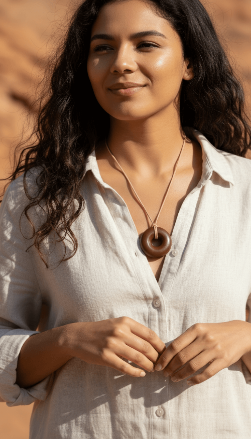 Model wearing Sedona vortex orgonite necklace outdoors in natural light