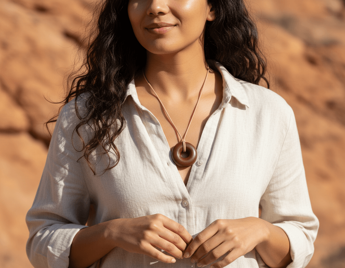Sedona Red Rock Orgonite donut pendant necklace resting on collarbone