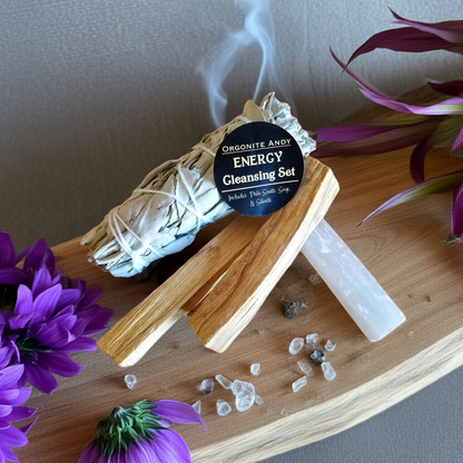 Smudge kit contents including California white sage wand, Palo Santo wood, and selenite stick