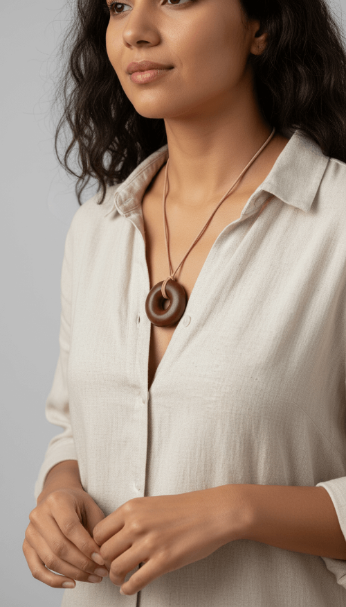 Lifestyle portrait of woman wearing Sedona Red Rock Orgonite pendant necklace