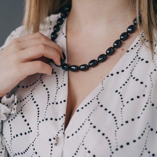 Shungite Oval Bead Necklace – Polished Black Gemstone Necklace (20″)